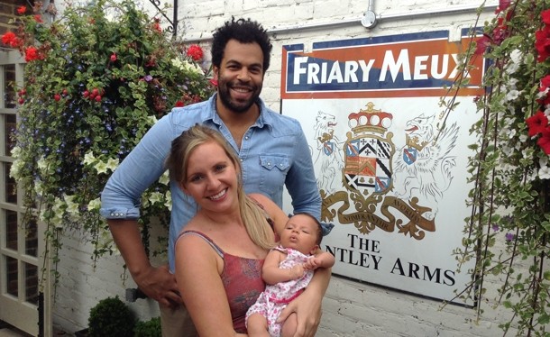 Grantley Arms licensees' Chris and Hannah Frederick with Effie 