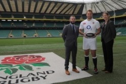 England rugby captain Chris Robshaw with Diageo's Stephen O'Kelly and the RFU's Sophie Goldschmidt