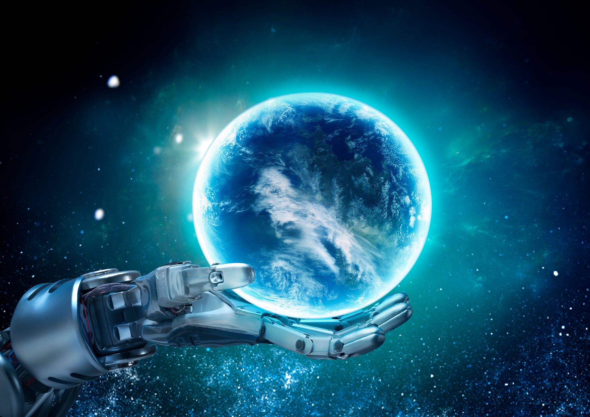 Mettalic robot hand holding a glowing globe signalling the future for pubs