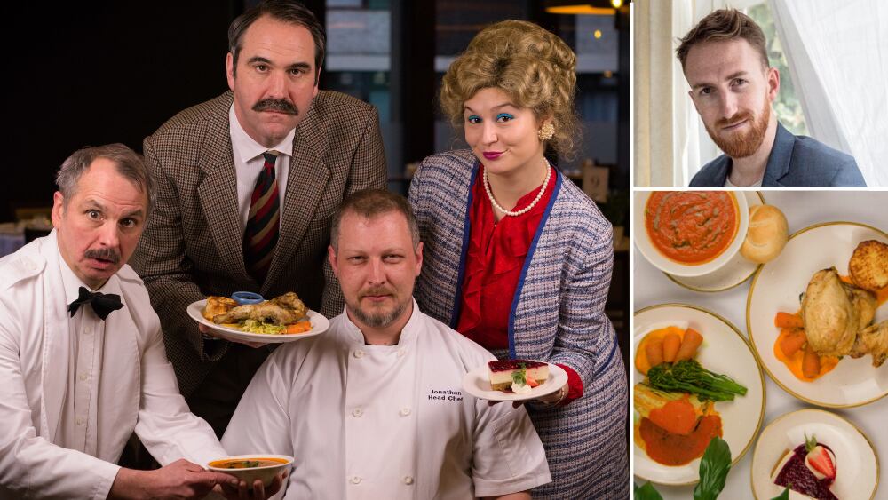 Faulty Towers actors with the meal, executive producer Jared Harford (top right) and the meal (bottom right)