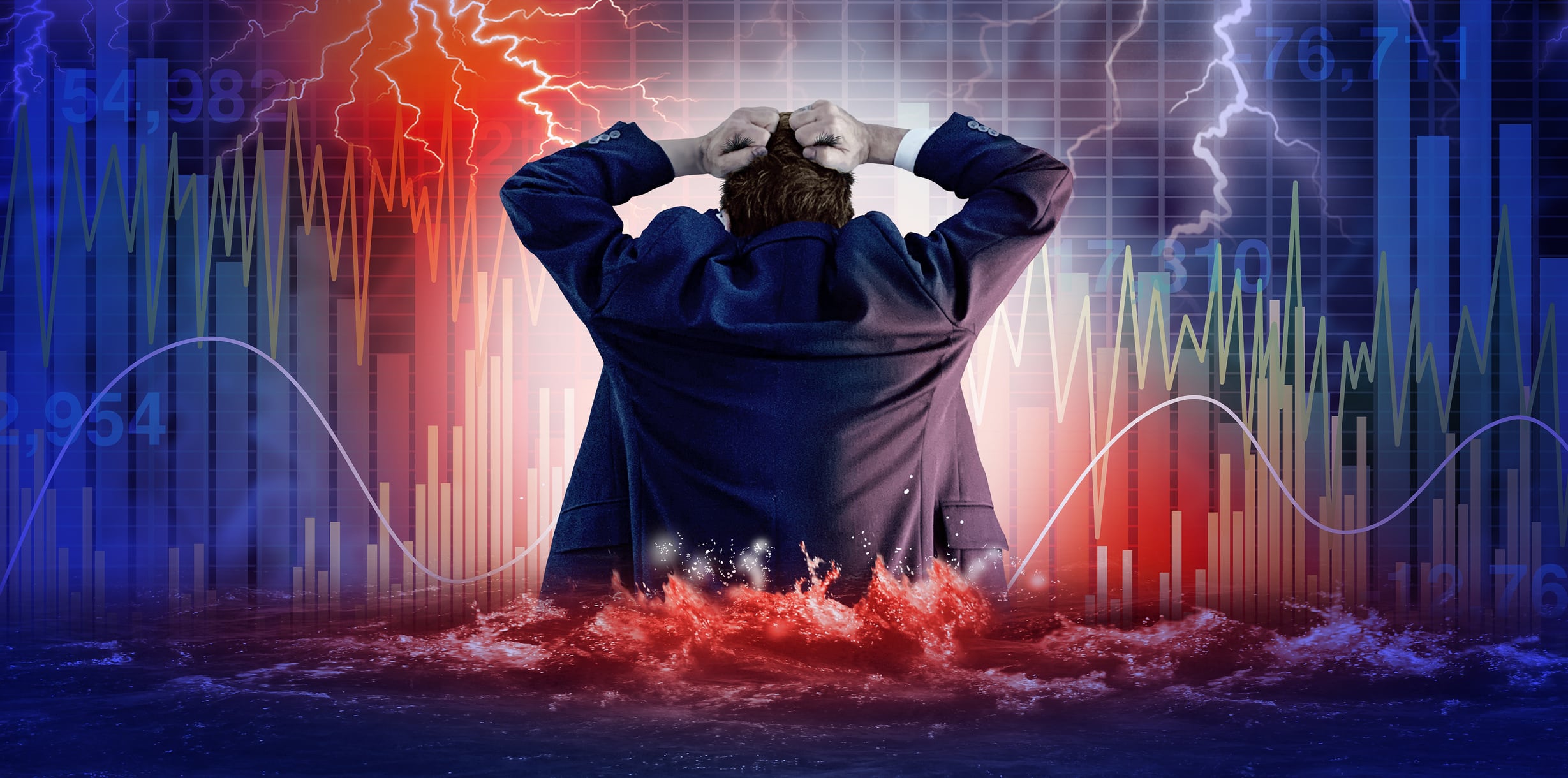 A worried businessman in a suit stands in front of large digital stock market screens showing plummeting red graphs and financial data, symbolising economic collapse, market sell-off, and the rising number of business insolvencies in sectors like hospitality