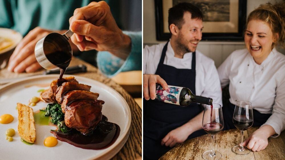 Andy and Lizzie Slater at the Oakley Arms plus meat dish with gravy