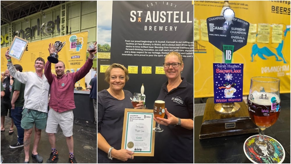 Penzance Brewery, left, Georgina Young and Su Stafford of St Austell Brewery, centre, and Snowflake from Sarah Hughes Brewery