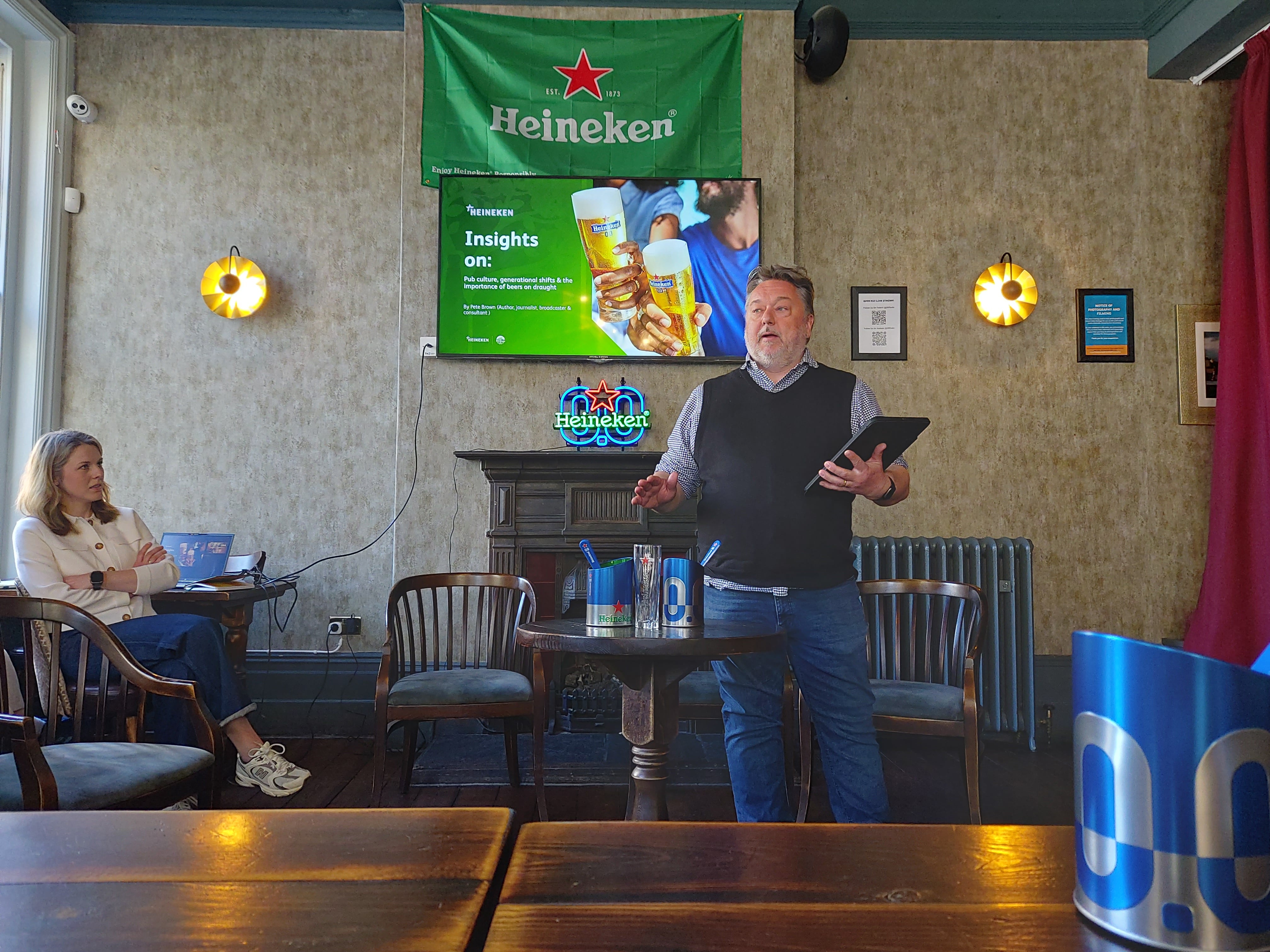 Pete Brown talks at a Heineken 0.0 event at the Two Bridges, London Bridge