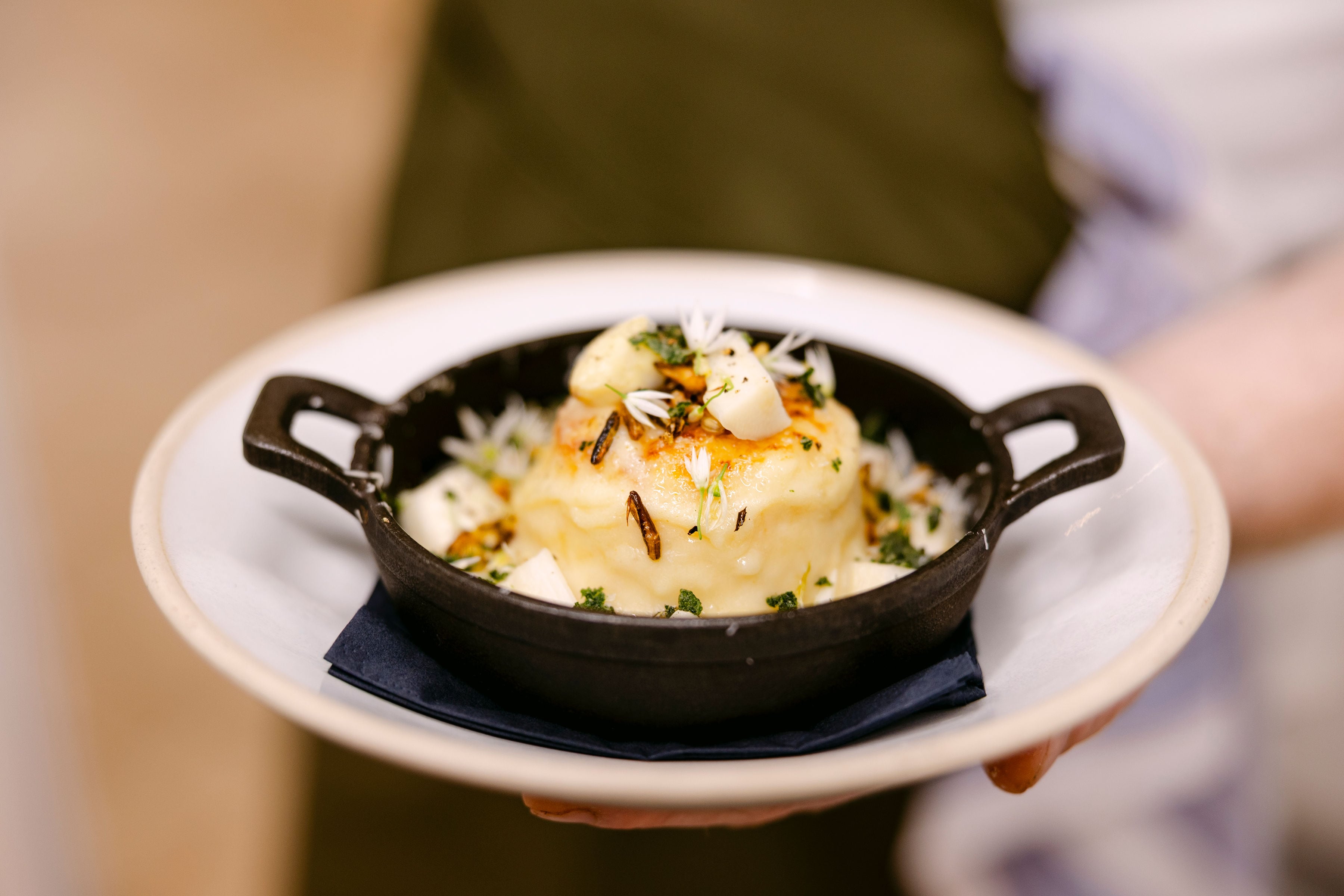 Baron Bigod souffle, pickled white asparagus at the Crown, Bildeston, Suffolk