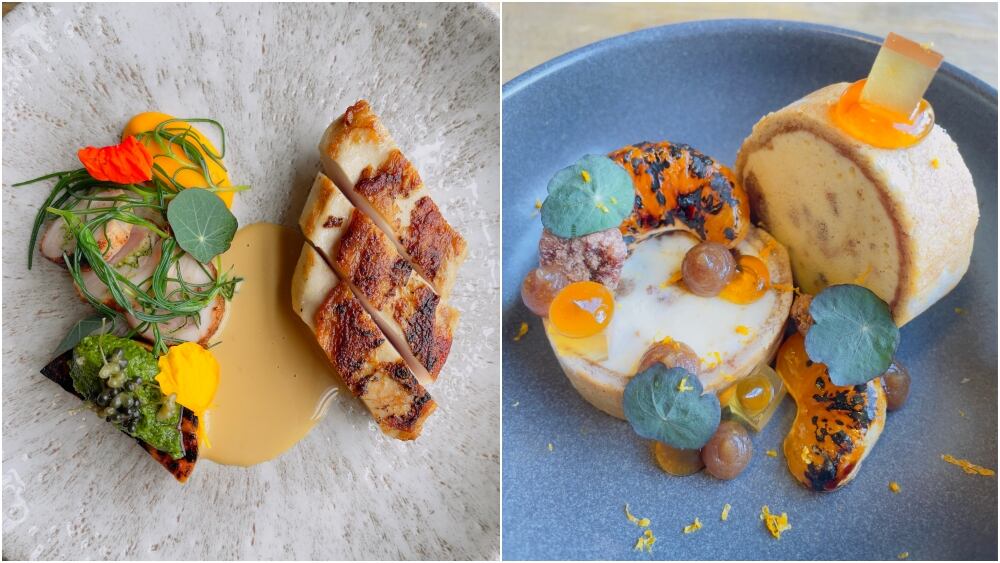 Butter poached chicken breast, rolled leg, squash, nasturtium & pine nut pesto (17) from the Three Horseshoes and Christmas pudding arctic roll, whisky jelly, burnt clementine from three horseshoes