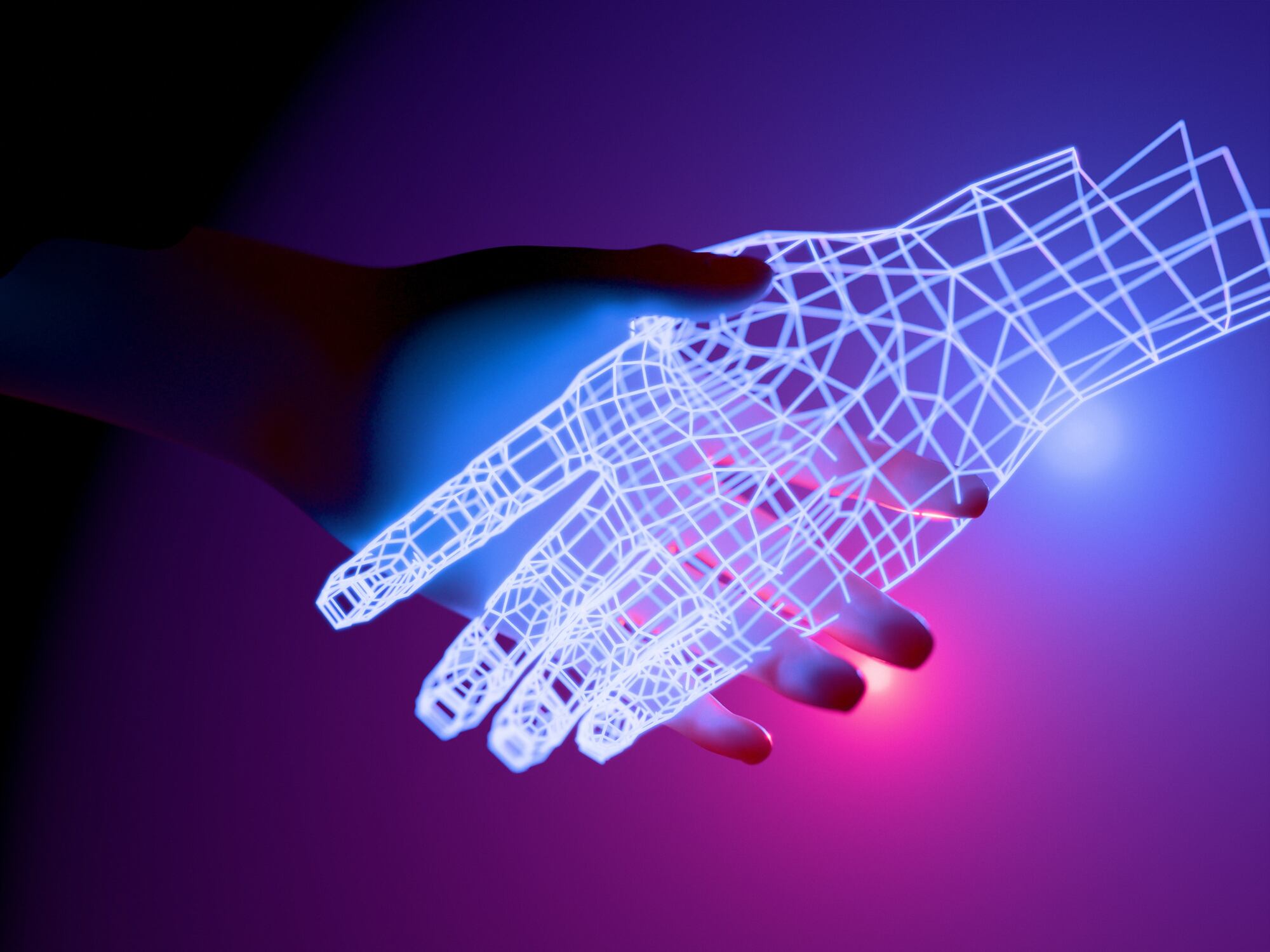 Shaking hands with artificial intelligence entity indicating the impact of AI on hospitality.