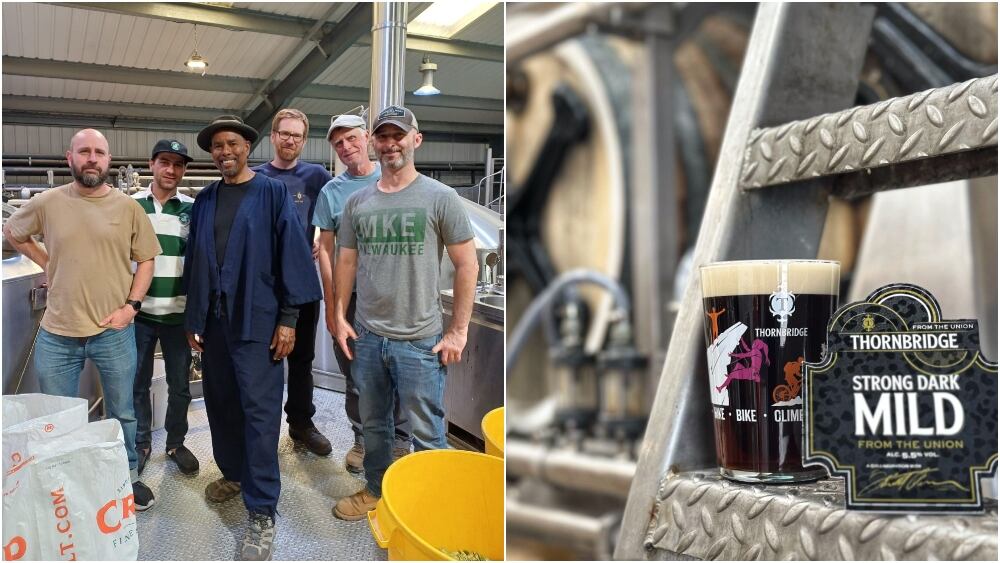 Garrett Oliver centre left at Thornbridge Brewery during the brewing of Strong Dark Mild on a Burton Union set