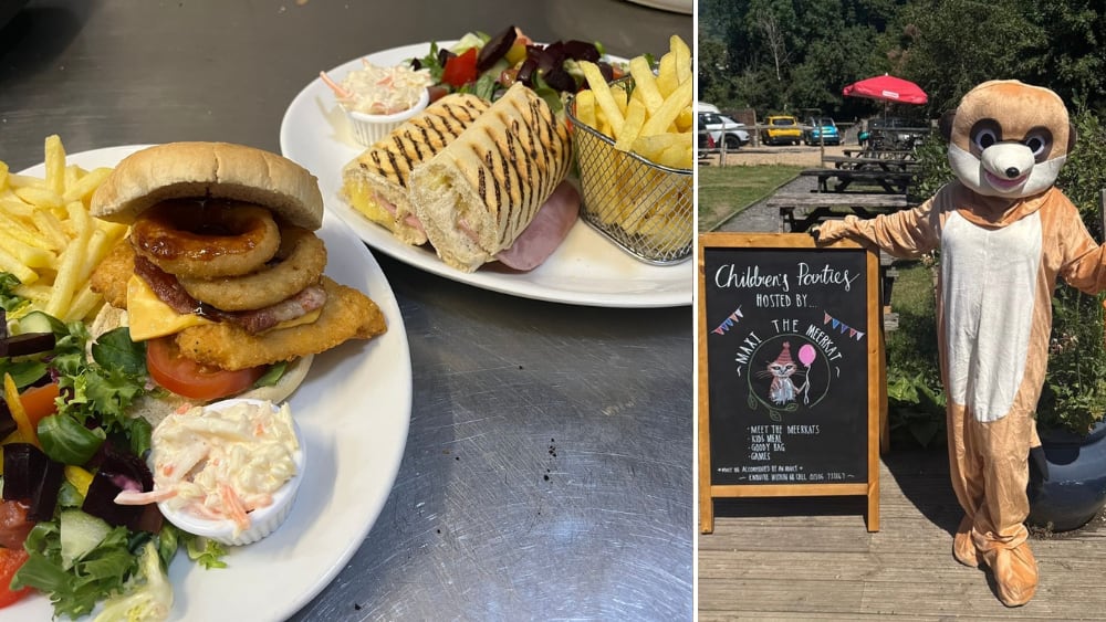 Meerkat costume and food at the Royal Oak, Brockham, Surrey