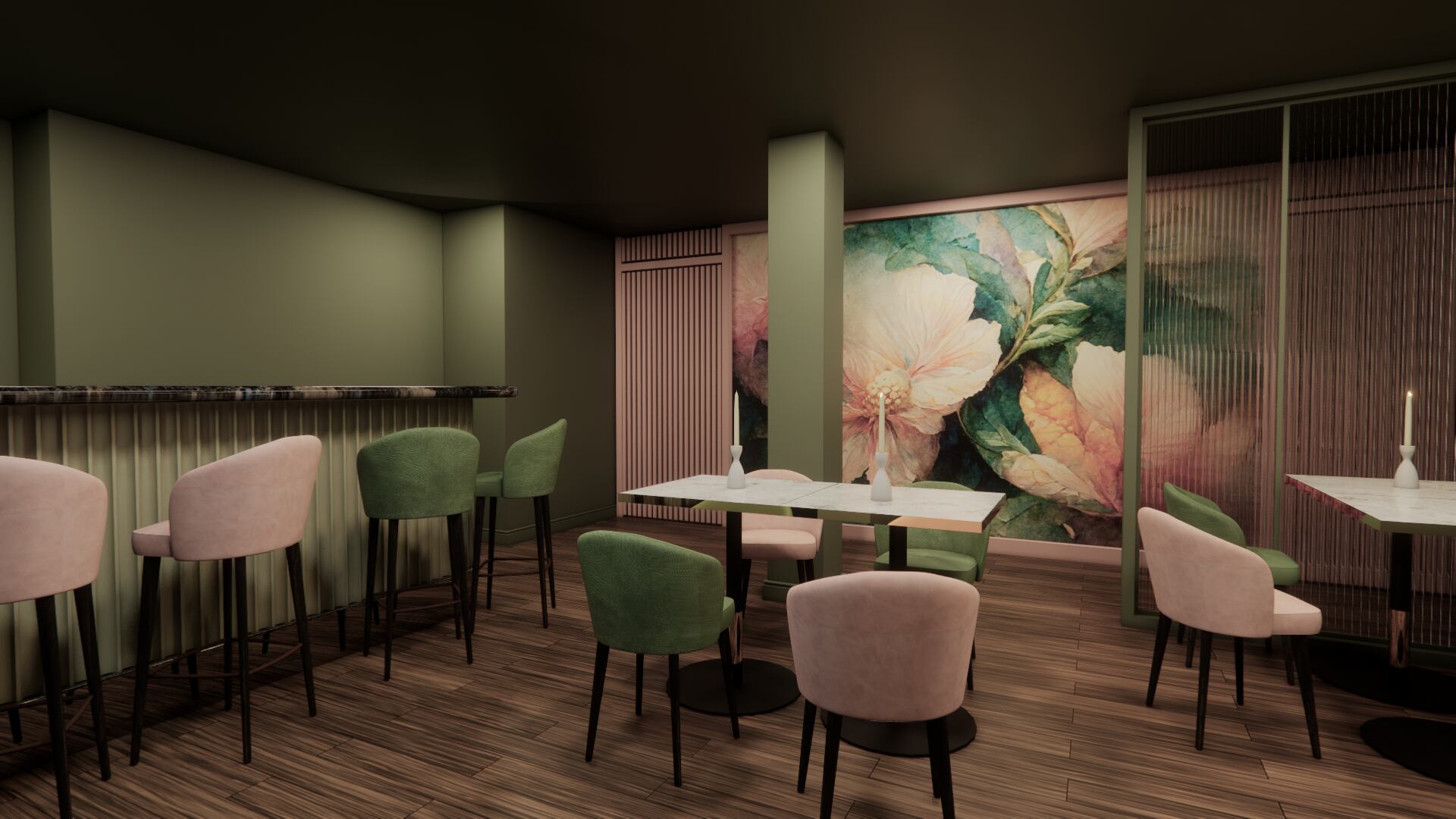 Kate Kenyon's SOBR bar in Aberdeen with an artist’s impression of the bar - the bar images are artist’s impressions created by Tinto Architects. Angela Shaw is the designer.