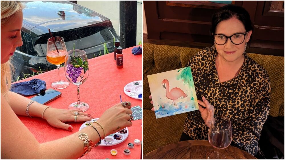 wine glass painting at the Bear and paint and fizz event Joanna Hodgson