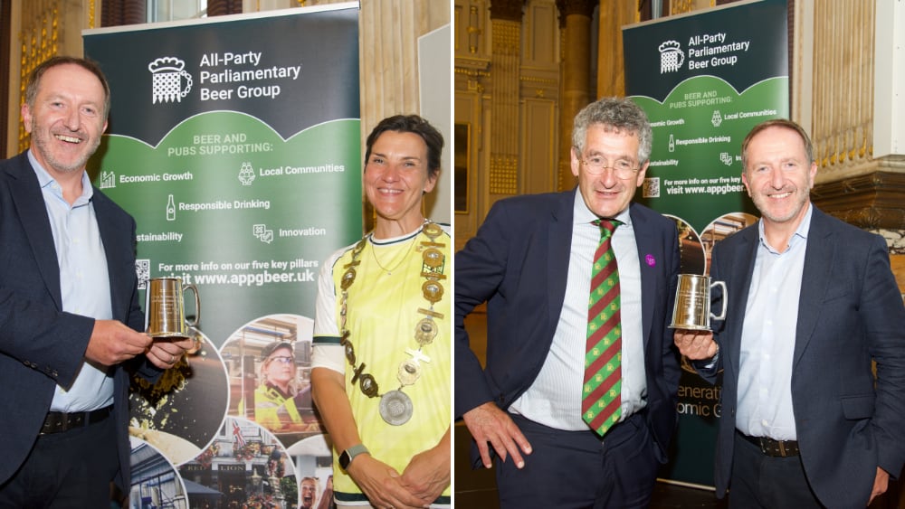 Rewarding work: Nick Mackenzie collecting the award from APPBG chair Tonia Antoniazzi MP and (right) celebrating with Dr Peter Princely, MP for Bury St Edmunds and Stowmarket