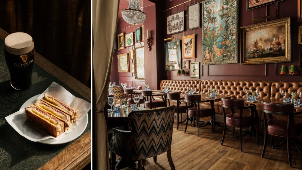 Cheese toastie and Guinness and the dining room at the Trafalgar