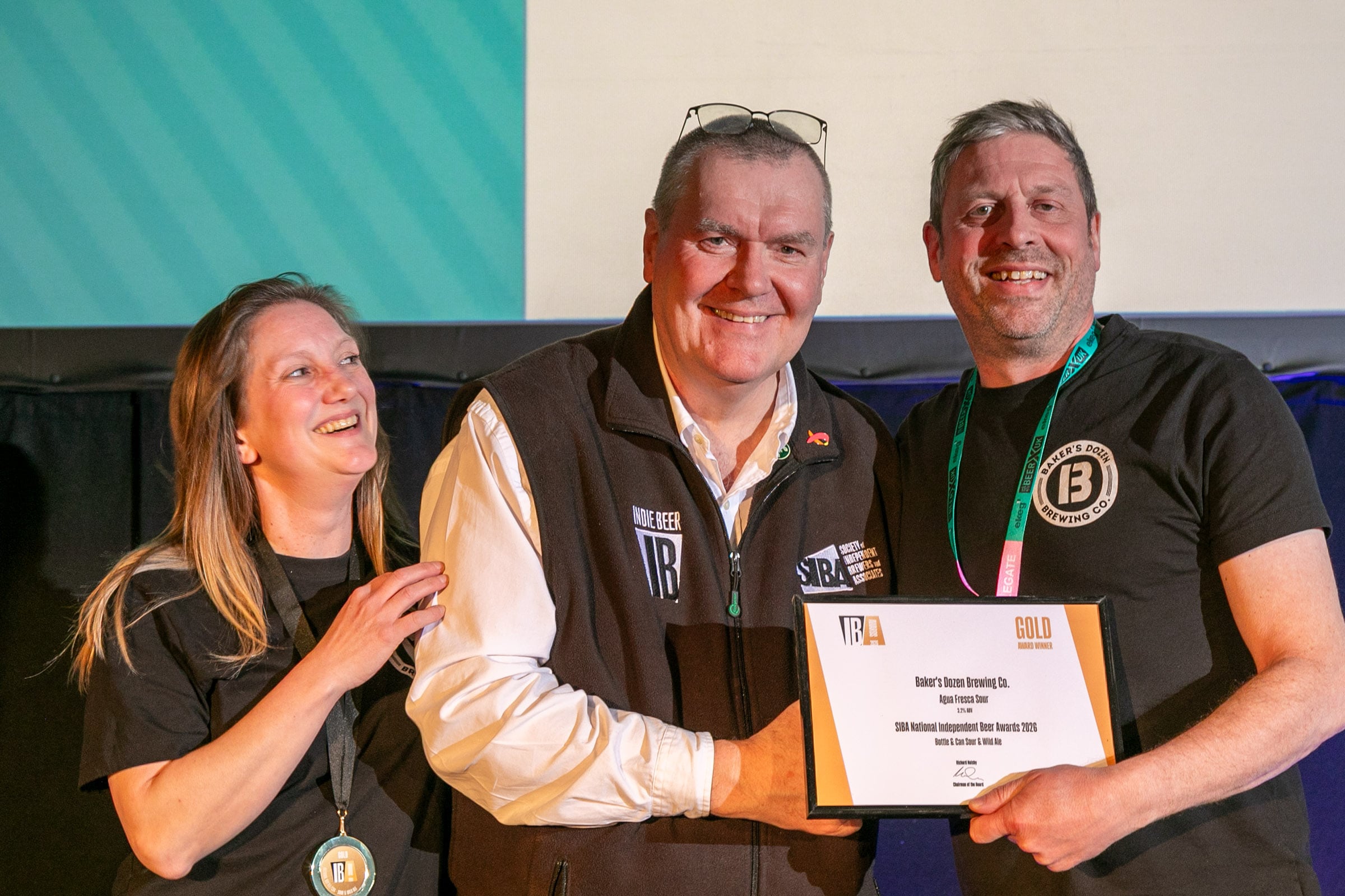 Jill and Dean Baker of Baker's Dozen with SIBA CEO Andy Slee (centre) at SIBA's BeerX event in Liverpool 18-19 March 2026