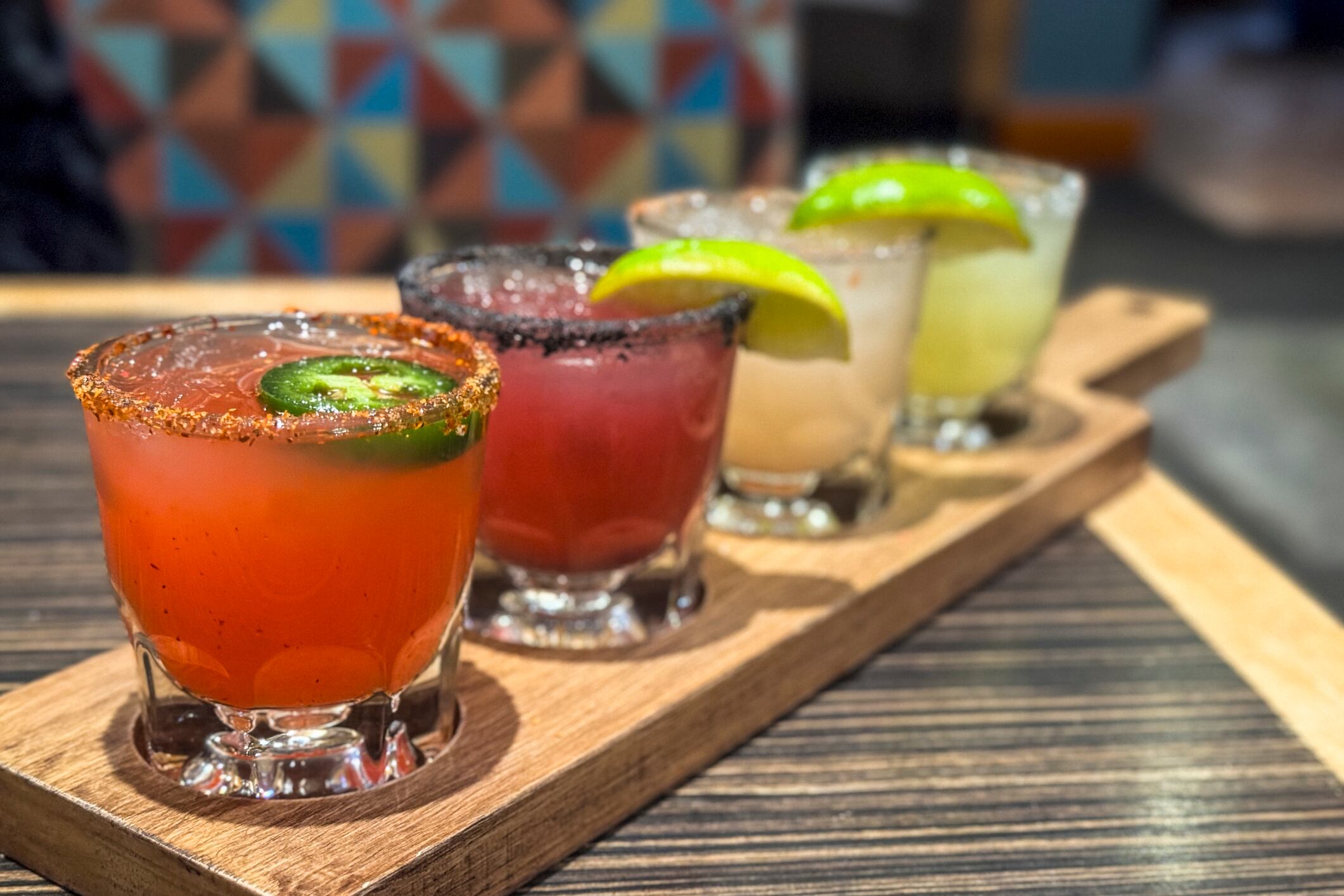 Four different margaritas. Margarita flight.
