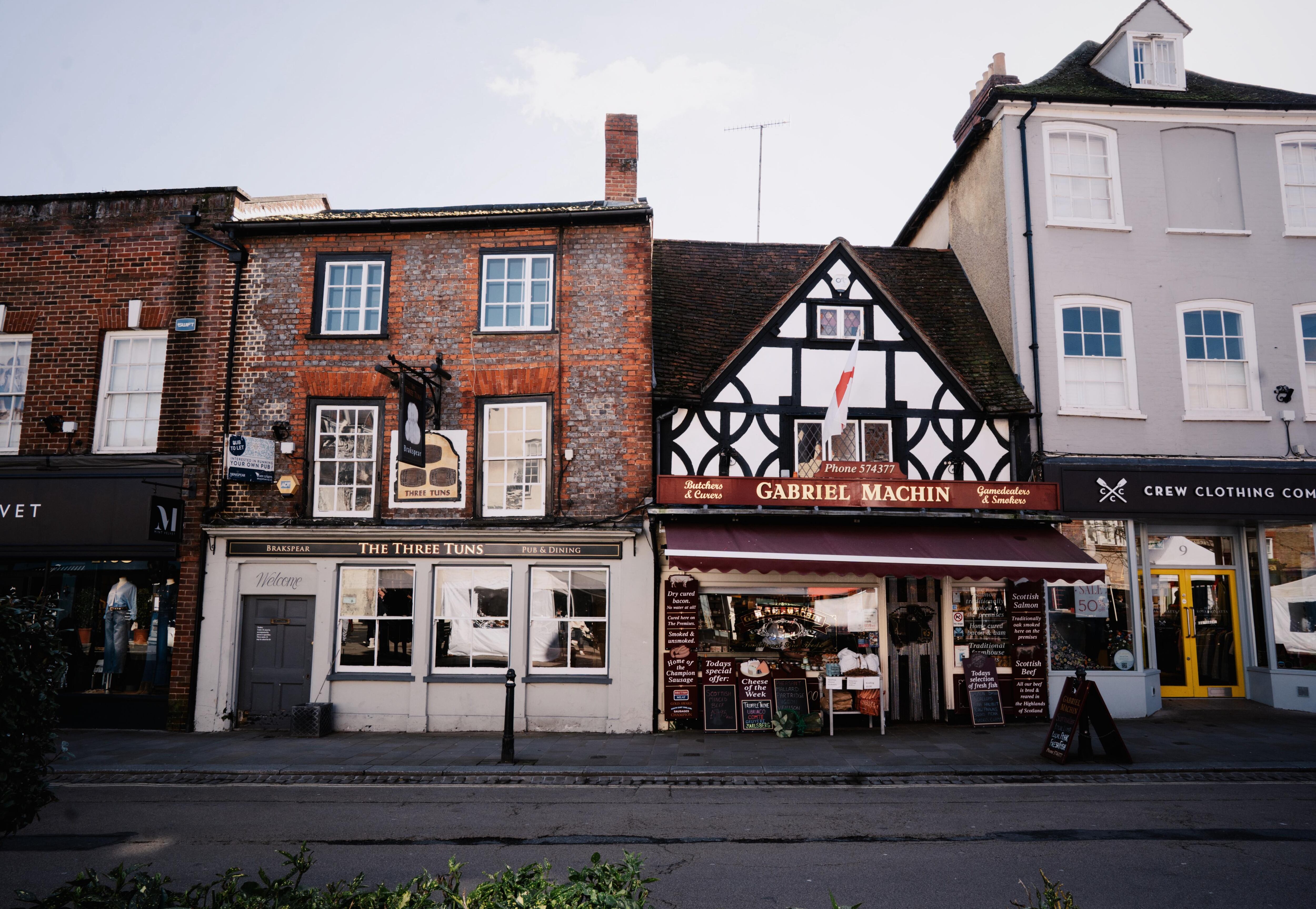 The Three Tuns pub and butchers Gabriel Machin exterior