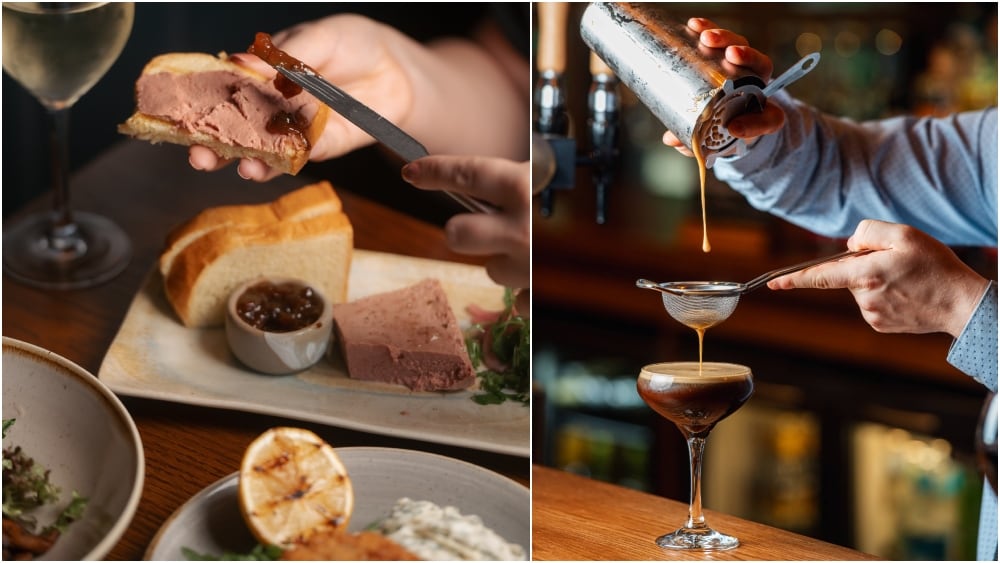 chicken liver pate and espresso Martini Fletchers Arms Almond Robinsons