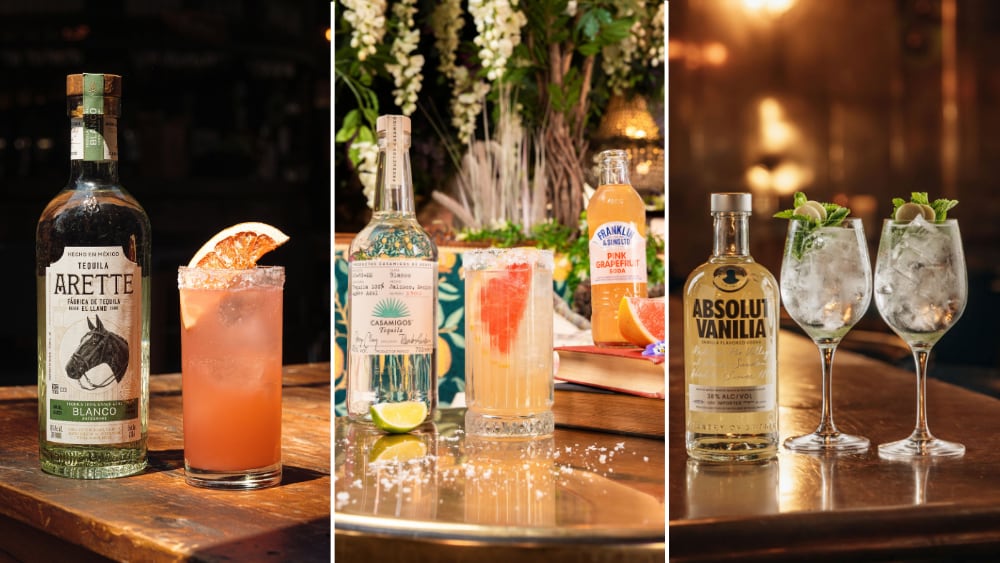 (l-r) Mangrove Global Arette tequila, Mr Fogg's Paloma and Pernod Ricard Absolut Vanilla Hugo Spritz