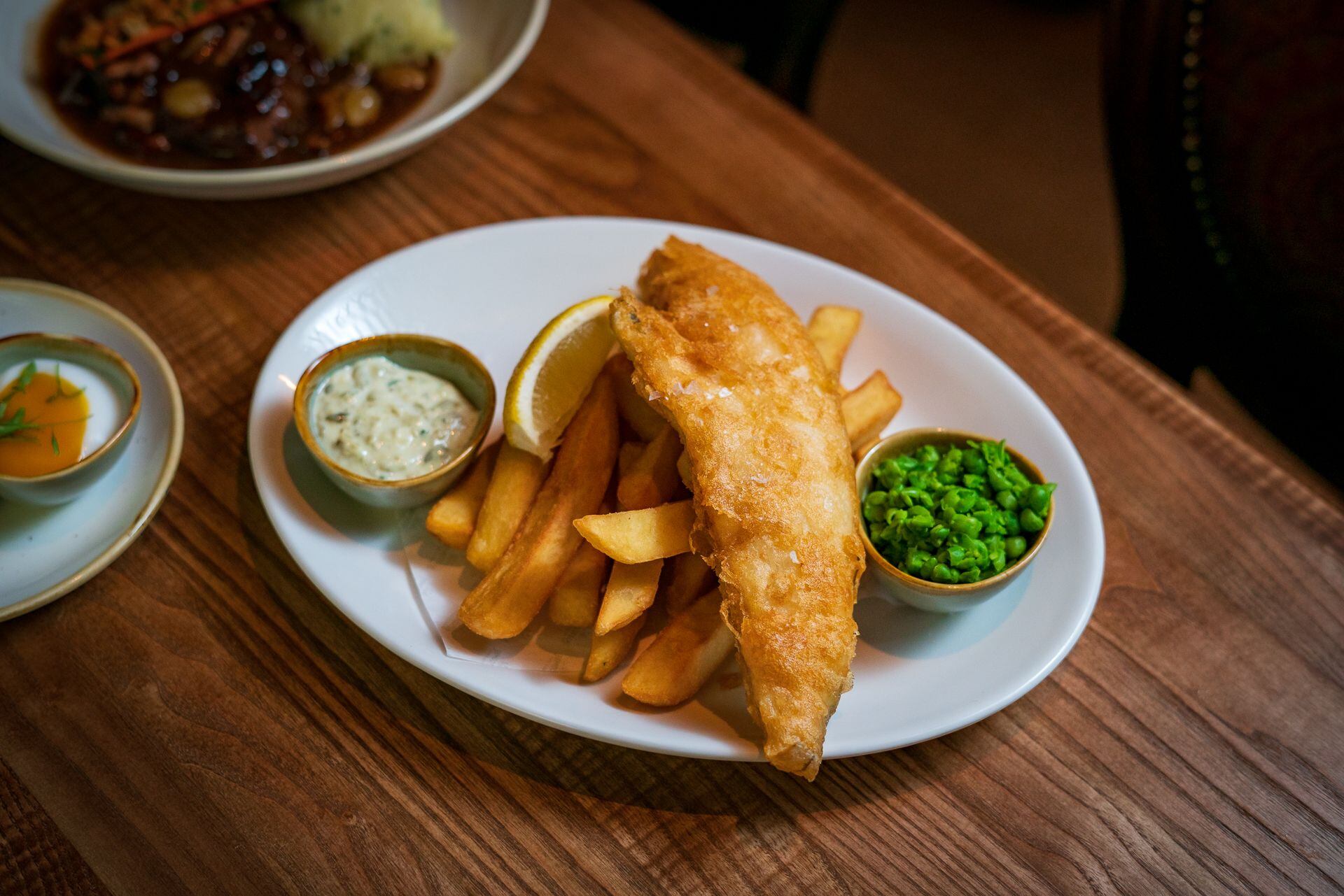 fish and chips at the Trout pub in Buckland Marsh, Oxfordshire, Butcombe Group