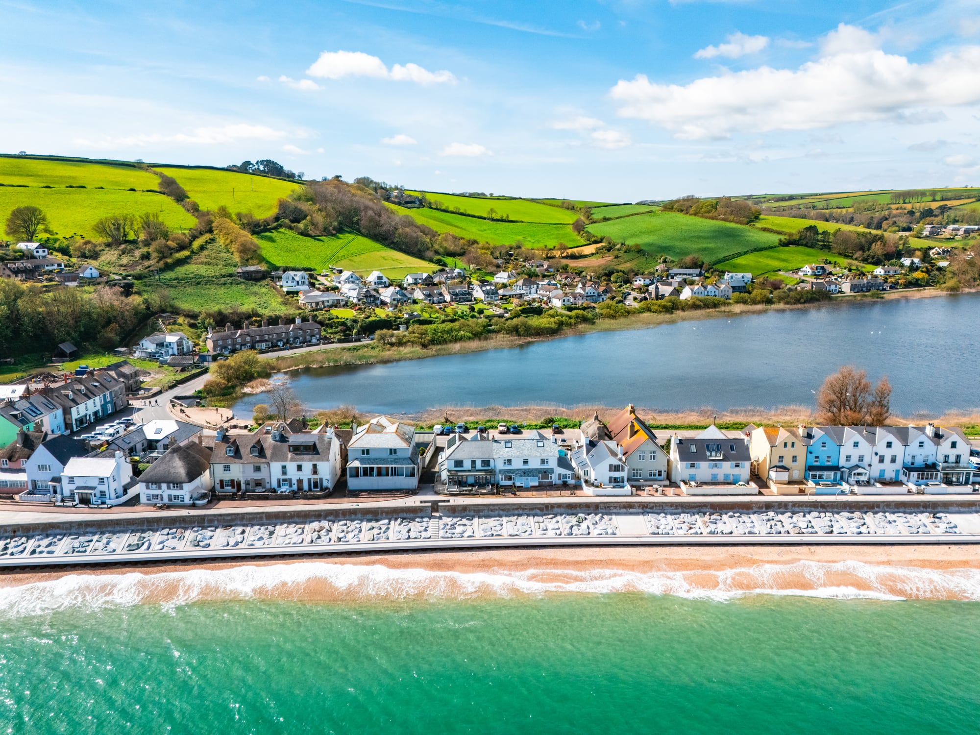 Drone view of Torcross across Slapton Ley beach, Devon