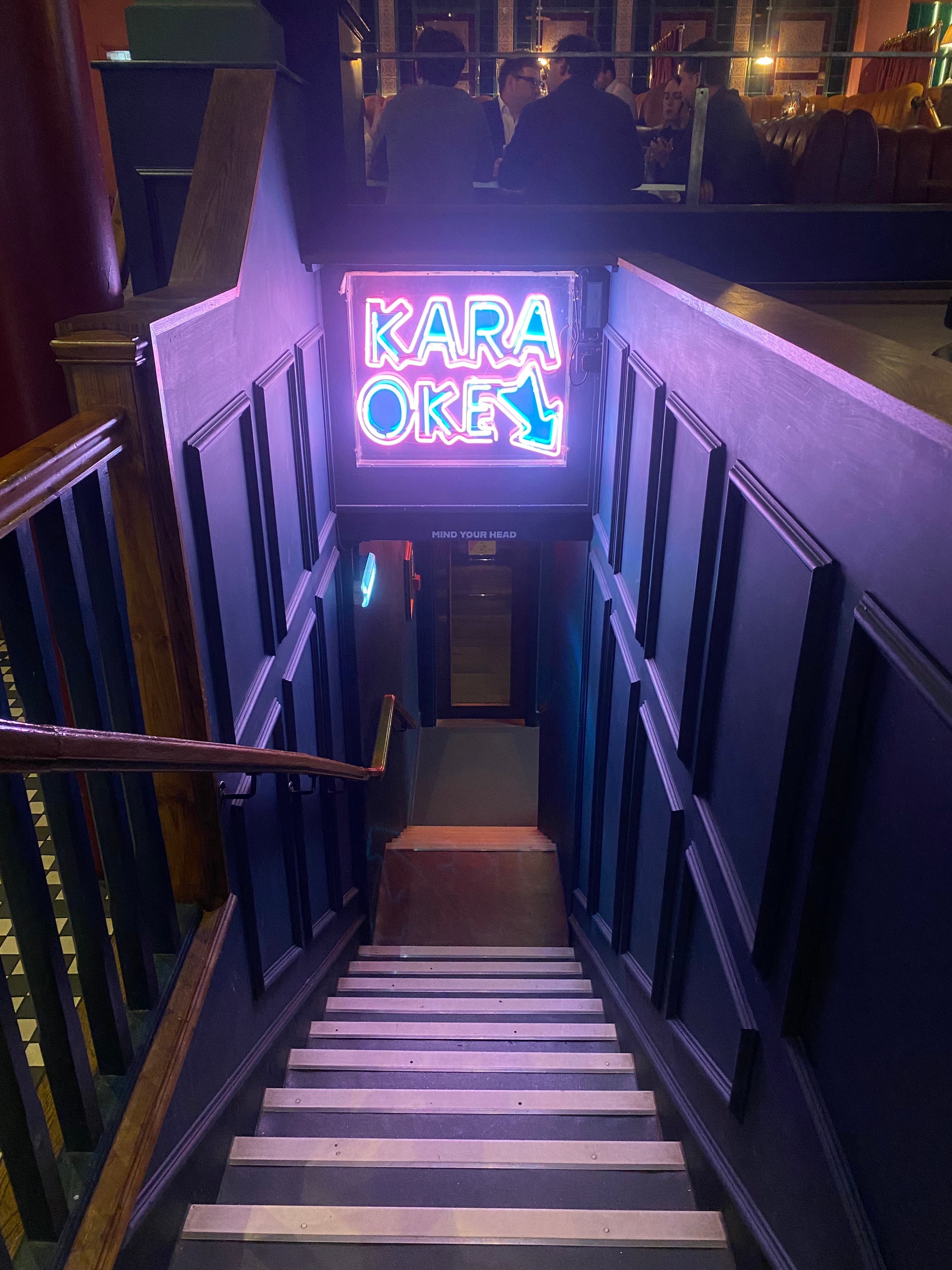 Pictured: Stairs down to the karaoke rooms at The Thieves in Clapham Junction