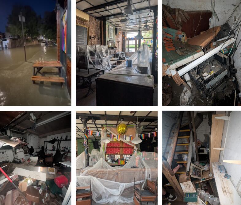 Water damage: Interior and exterior of closed pub