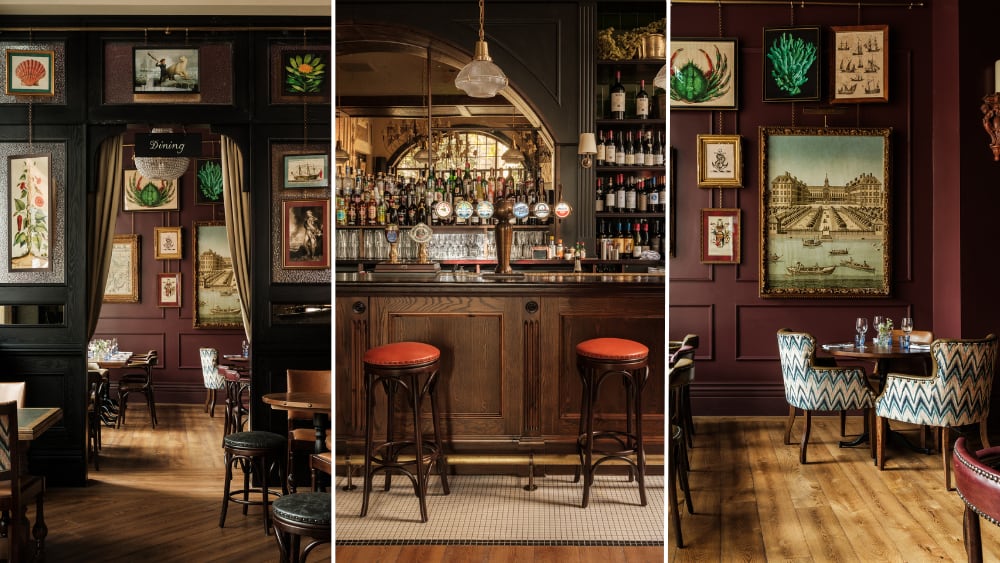 The Trafalgar dining room entrance, bar and corner of dining room