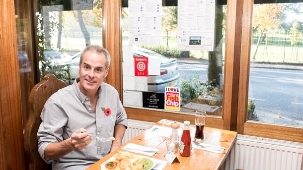 Phil Vickery eating GF Fish and Chips