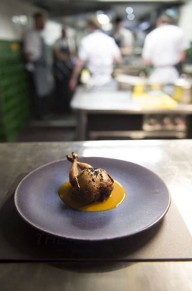 Black pudding stuffed rotisserie quail with moilee sauce 