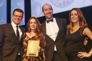 Winners of the Sky Great British Pub of the Year Susie Clarke and Joel Czopor from The Grafton in Kentish Town. They are pictured with David Rey from Sky Business and awards host Natalie Pinkham