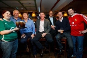 Pub manager Jane McKenna with JJ Williams, Paul Wallace, Dean Ryan, Alex Payne, Will Greenwood, and Paul Thomas, area manager, O'Neills