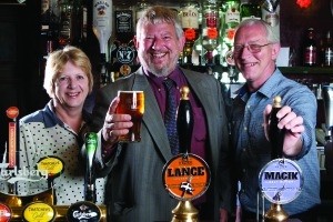 Keltek Brewery's Stuart Heath toasts the future with Linda and Phil Aubrey, licensees at the London Inn