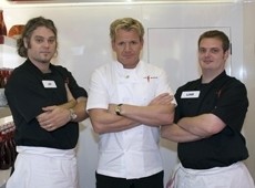 Jay Scrimshaw and second chef Liam Goodwill with Gordon Ramsay