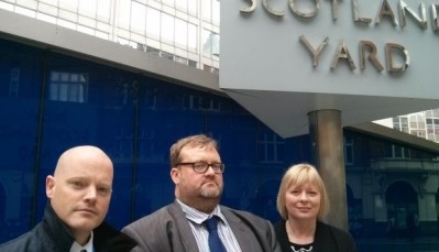 Chief licensing officer Ian Graham (centre) outside Scotland Yard with licensing office Iain Martin (left) and Jennifer East, chief inspector for drugs and licensing