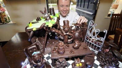 Licensee of Ye Old Sun Inn, Ashley McCarthy, with his chocolate creation