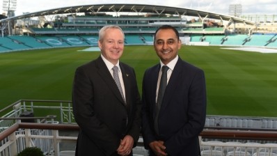 Chris Houlton (left), managing director of Greene King brewing and brands, with Sanjay Patel (right), ECB commercial director, at the Kia Oval to announce the new partnership between Greene King and the ECB