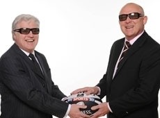 Sky commentators anf former England stars Stuar Barnes (L) and Dewi Morris (R) wearing 3D glasses