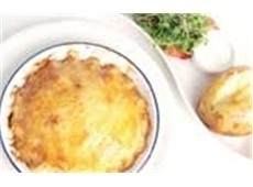 Leagram’s organic creamy Lancashire & curd cheese and onion pie, short crust pastry, sour cream jackets, Bank’s tomato salad