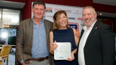 GBPA winner announced: Marcus Seaman and Amelia Nicholson of the Brisley Bell with The Morning Advertiser's Ed Bedington