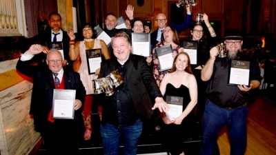 Party time: winners and runners up in the Guild of Beer Writers Awards 2021, including Beer Writer of the Year Pete Brown (centre)