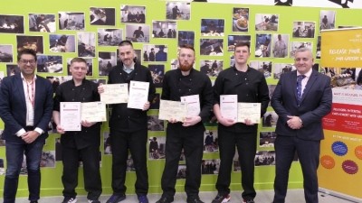 Kitchen recruits: all four participants have been offered employment at a Greene King pub following their release, pictured with Greene King's Assad Malic and Brian McKirdy, governor in charge at HMP & YOI Grampian (right)
