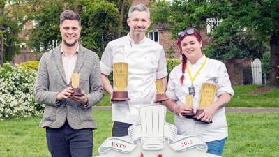 Champions: (l-r) Luke Guthrie, Andy Bunting (both from Wykeham Arms) in Winchester, Hampshire and Amber Barnes from the King's Head in Wickham, Hampshire