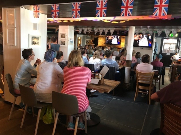 Locals watch the royal wedding at the Lifeboat Inn in St Ives, Cornwall