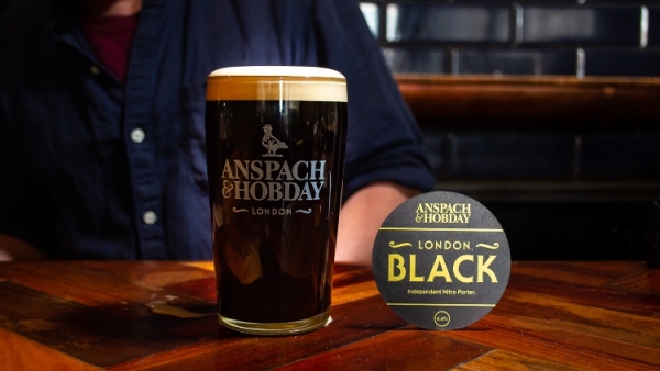 London Black Pint with badge anspach hobday