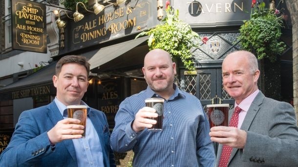 Left to right: Mick Howard from Star Pubs, the Ship's landlord Ross Evans and SIBA operations director Nick Stafford at the Ship Inn, Holborn
