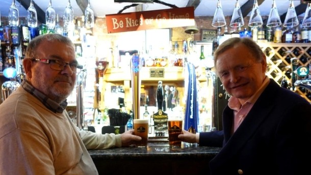 Plonkers’ landlord Malcolm Godwin (left) and Theakston executive director Simon Theakston with the first two pints of Noah’s Ark Ale