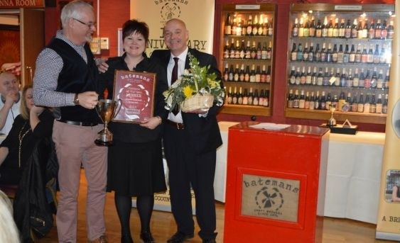 Award winners Chris and Sarah Sorrell of the Dog and Bone in Lincoln with Stuart Bateman