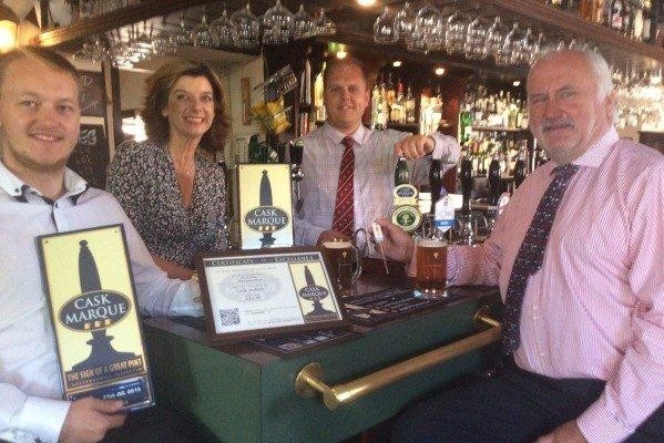 Cask Marque success: (left to right) Ben Davies, manager of the Court Inn; Annabel Smith, Cask Marque; Andy Whitehead, sales Manager, Timothy Taylor; Jim Kerr, Cask Marque assessor