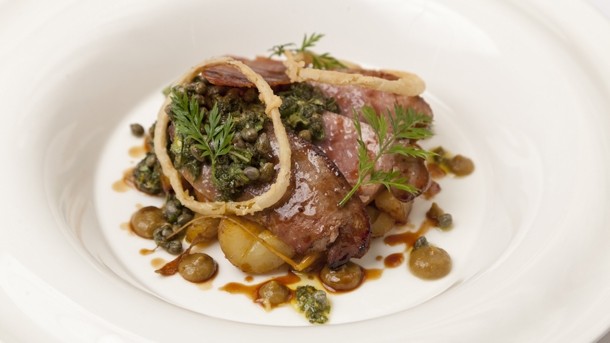 There's A Beer for That said James Durrant's roast calves liver dish (pictured) would go best with Camwell Flame beer