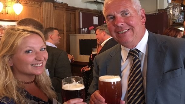 Butcombe Brewery's Emmy Webster with Cask Marque director Paul Nunny
